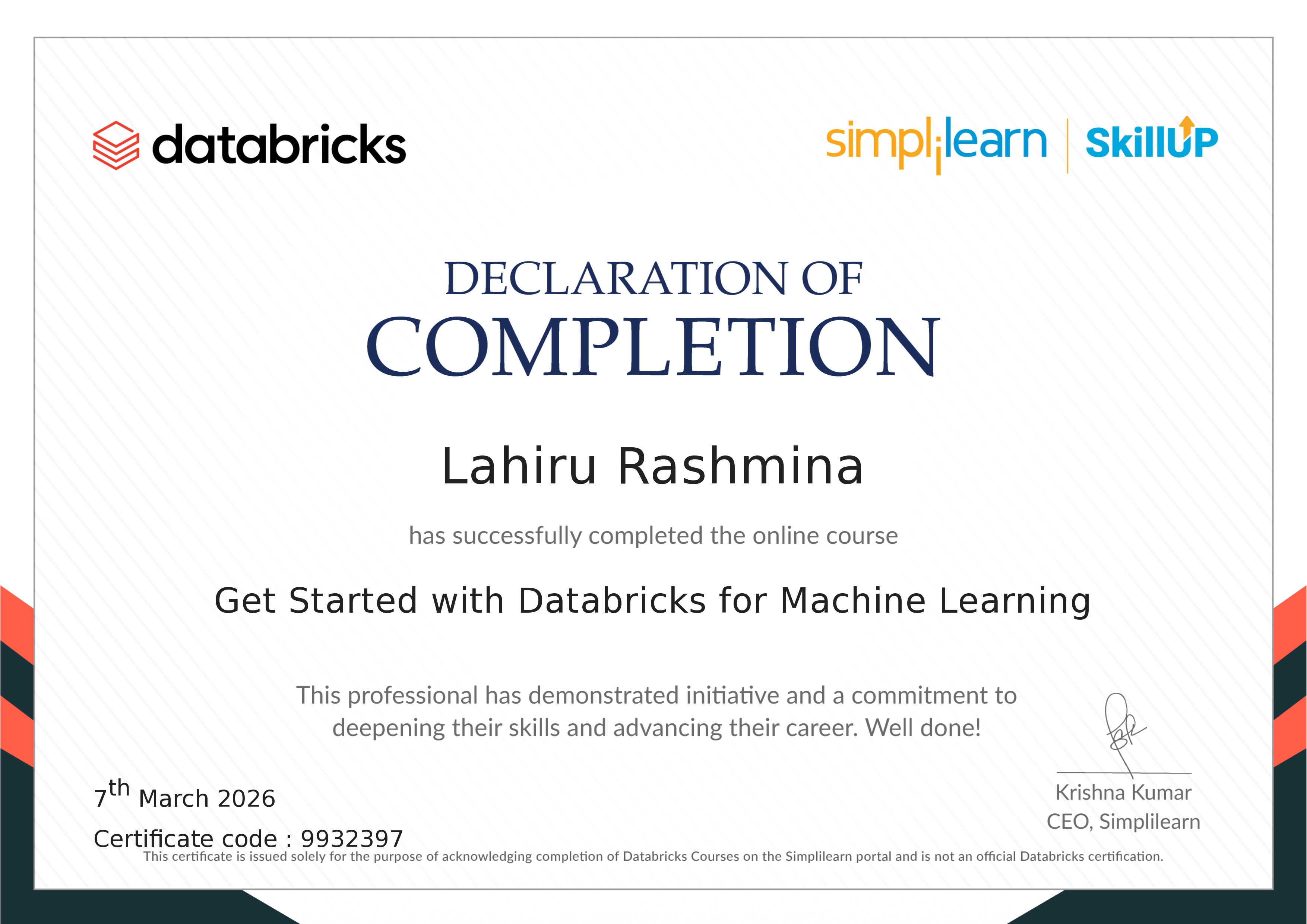 Databricks For Machine Learning Certificate